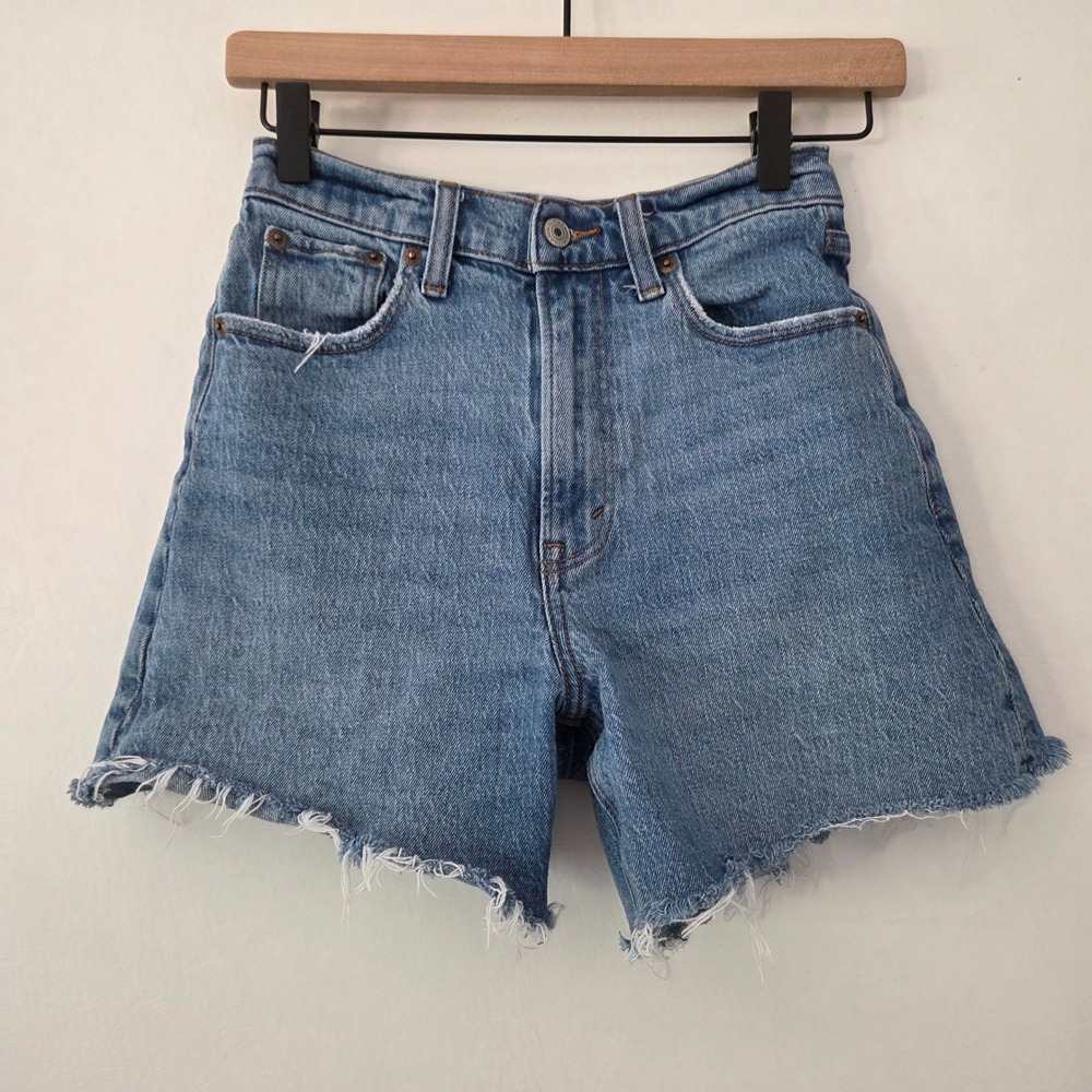 Abercrombie & Fitch The Dad Short Blue High Rise Raw Hem Denim Women 24 / 00